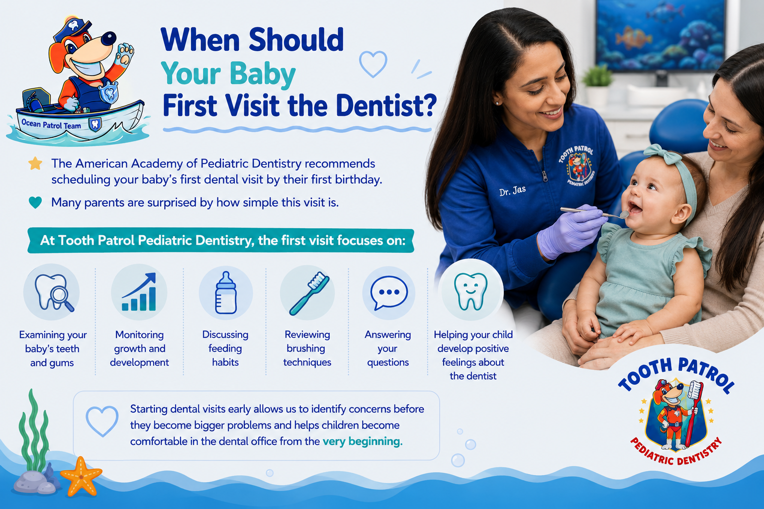 Dr. Jas performing a baby's first dental exam while the child sits on their mother's lap during a gentle first dental visit.